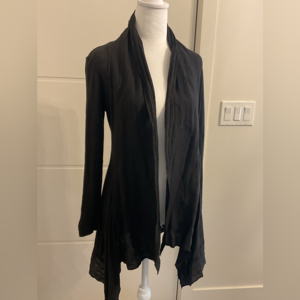 **CUT LOOSE Sheer Black Linen Mix Draped Open Front Long Cardigan.